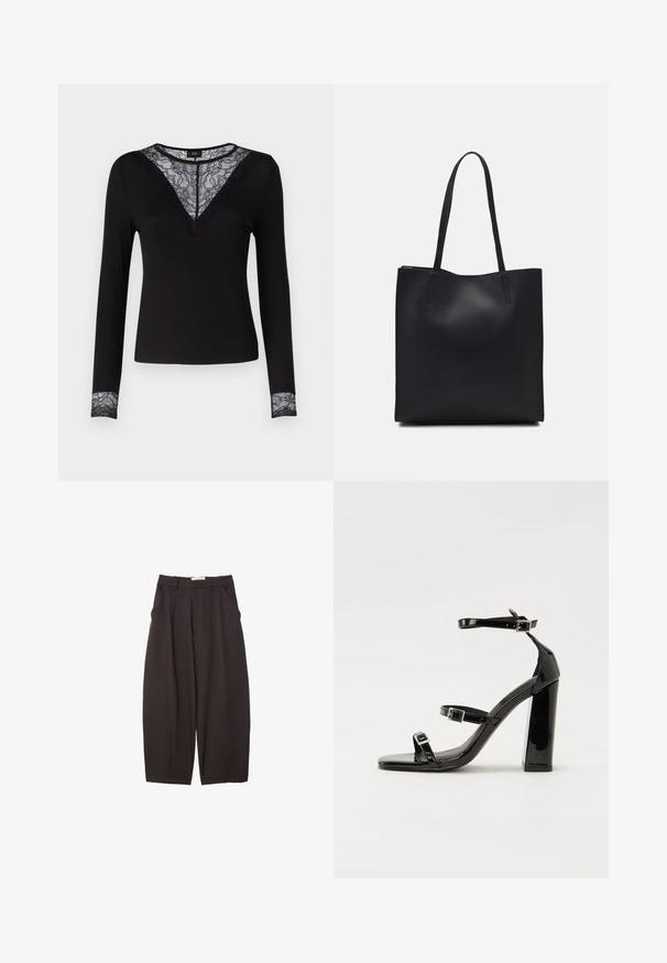 Črna dolga majica s tankimi rokavi z rebrasto teksturo, ki ima čipkaste detajle pri V-izrezu in čipkast poudarek na manšetah. Preprosta in oprijeta zasnova.; Črne široke hlače iz gladkega materiala, z visokim pasom, zgornjimi pregibi in stranskimi žepi. Preprost dizajn brez okrasnih elementov.; Črne lakirane sandale s peto, kvadratnim prstom, trakovi okrog gležnja in srebrnimi zaponkami. Opremljene so s stabilno Debelo peto.; Črna usnjena torba s svilnato teksturo, pravokotne oblike in dvema dolgima ročajema. Brez vidnih metalnih delov ali okrasnih elementov.