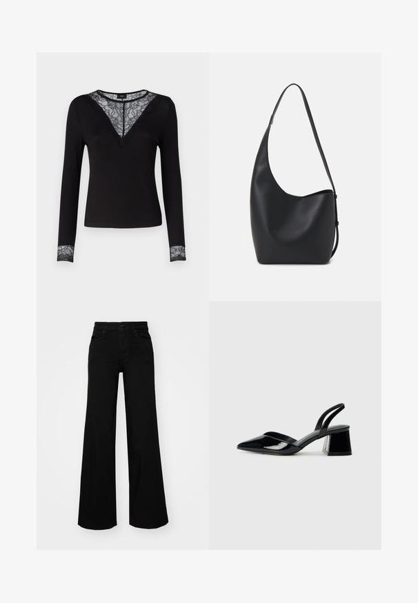 Top lungo nero a maniche, con texture a costine, presenta dettagli in pizzo nel collo a V e accenti in pizzo sui polsini. Design semplice e aderente.; Pantaloni neri a gamba larga in denim, con una vita strutturata, passanti per la cintura e tasche frontali. Texture liscia con un design classico.; Décolleté in vernice nera con punta affusolata e tacco in geometria cubica. Presentano un design elegante e minimalista, con una texture liscia.; Borsa hobo nera in pelle con una superficie liscia, forma curvata e una singola tracolla regolabile; presenta un'ampia apertura nella parte superiore.