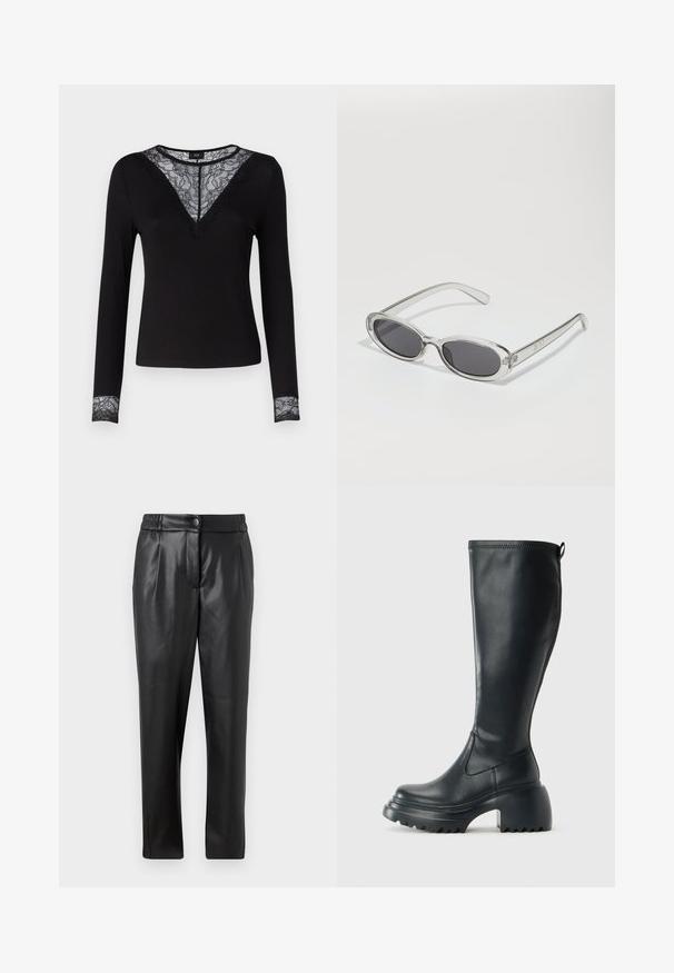 Camisola preta de mangas longas com textura canelada, apresenta detalhes em renda na gola em V e acentos em renda nos punhos. Design simples e ajustado.; Calças de couro pretas com uma textura suave, corte reto, cintura elástica e fecho com botão na frente; detalhe plissado e pernas afuniladas.; Bota preta de couro alta com sola de plataforma robusta e salto bloco, apresentando puxador e padrão texturizado na sola.; Óculos de sol com formato oval, armação de plástico transparente, lentes cinza-escuro e hastes finas transparentes com detalhes do logótipo e um design minimalista.; Bolsa de couro preta com forma curva, alça destacável e detalhes em dourado. A bolsa possui uma aba com detalhe de fivela.