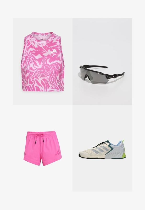 Vaaleanpunainen hihaton crop-top, jossa on aaltoileva kuvio ja joka on valmistettu pehmeästä kankaasta; edessä kaula-aukon lähellä on brodeerattu valkoinen logo.; Vaaleanpunaiset urheilushortsit, joissa on kuminauhavyötärö, säädettävä nyöritys ja Adidas-logo vasemmalla puolella. Sileä kangas, lyhyt malli.; Kevyet urheilukengät, joissa on kermaisen värinen verkkopinta, harmaat raidat, vihreä yksityiskohta ja texturoitu sininen kantapää. Mustat nauhat.; Mustat urheilulasit, joissa on tyylikäs muotoilu, ympäröivä linssi, harmaan sävyinen linssi ja tekstuuriset mustat rannetukivarret. Ei näkyviä logoja.