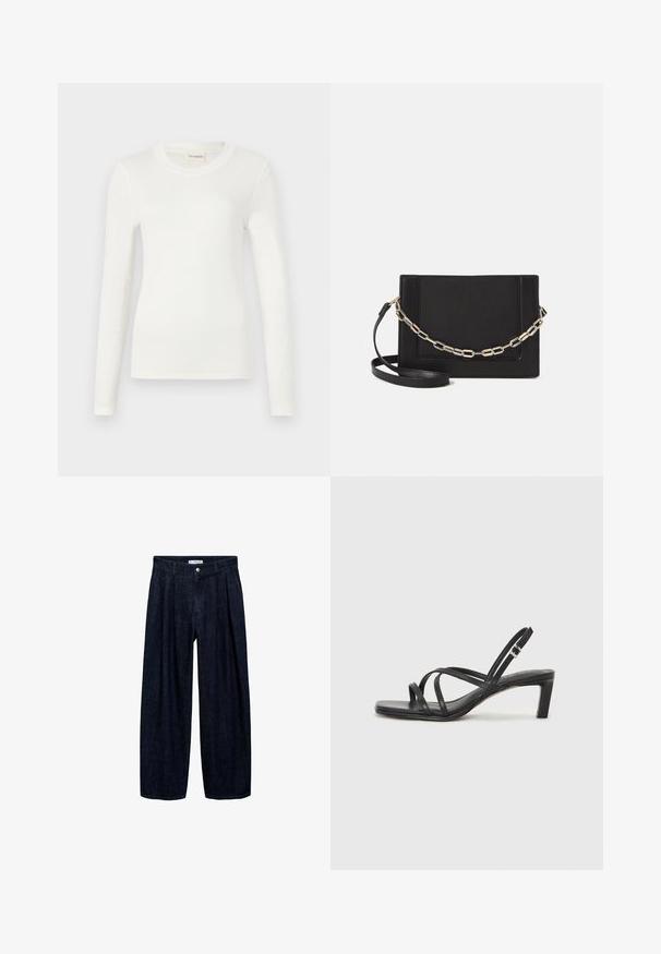Biele tričko s dlhým rukávom vyrobené z jemného materiálu, s okrúhlym výstrihom a priliehavým strihom. Minimalistický dizajn bez vzorov alebo akcentov.; Tmavé džínsy s širokými nohavicami a pregibmi v páse, s predným gombíkom a pútkami na opasok. Hladká textúra a celodlhý strih.; Čierne sandále na vysokom podpätku so štvorcovou špičkou a nízkym blokovým podpätkom. Obsahujú viacero tenkých popruhov a nastaviteľný členkový popruh. Vyrobené z hladkej kože.; Čierna kožená crossbody taška s hladkou textúrou, obdĺžnikovým tvarom a kovovým reťazovým detailom na prednej strane. Súčasťou je nastaviteľný popruh.