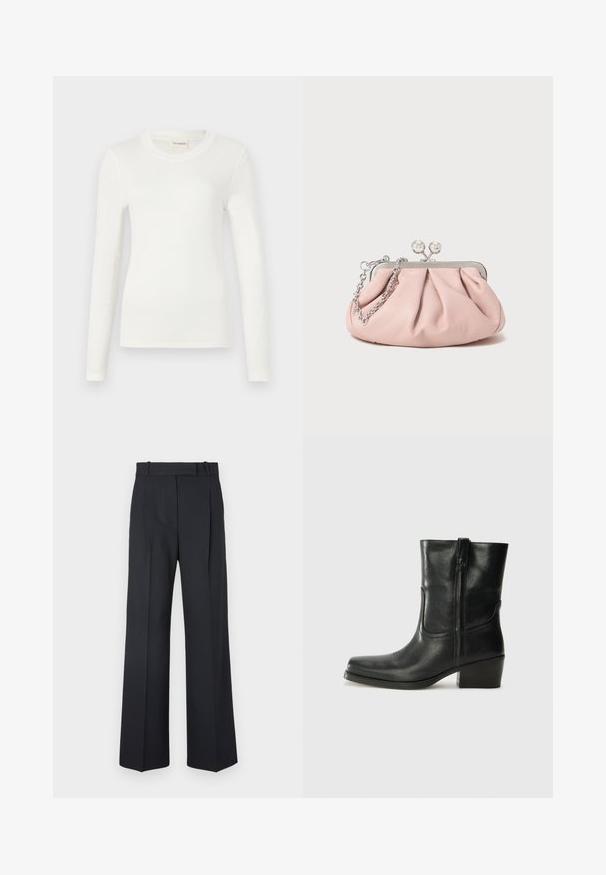 Langärmliges weißes T-Shirt aus weichem Stoff, mit Rundhalsausschnitt und figurnaher Silhouette. Minimalistisches Design ohne Muster oder Akzente.; Dunkelblaue Nadelstreifenhosen mit hoher Taille, weit geschnittenem Bein und ohne sichtbare Beschläge oder Verzierungen. Glatte Textur und taillierte Passform.; Schwarze Leder-Ankle Boots mit runder Zehenform, Blockabsatz, seitlichem Reißverschluss und gestickten Akzenten auf dem Blatt. Glatte Textur, klassisches Design.; Rosa Leder-Clutch mit einem gerafften Design, Metallrahmen, zwei runden Verschlüssen und einem silbernen Kettenriemen. Glatte Textur, kompakte Form.
