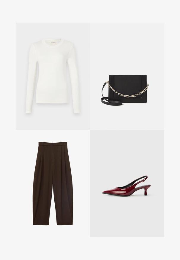 Dolga majica z dolgimi rokavi bele barve, izdelana iz mehkega materiala, s krožno ovratnikom in prilegajočim krojem. Minimalistična zasnova brez vzorcev ali dodatkov.; Rjave hlače visoke pasu s pregibi, narejene iz gladkega materiala. Ohlapen kroj, ravne nogavice, z zankami za pas in zadrgo.; Burgundske paten kože slingback pete s oštrim nosom i elegantnom stiletto petom. Dizajn s otvorenom stražnjom stranom s podesivim detaljem na remenu oko gležnja.; Črna usnjena torba čez ramo z gladko teksturo, pravokotno obliko in kovinskim verižnim detajlom spredaj. Vključena je nastavljiva naramnica.