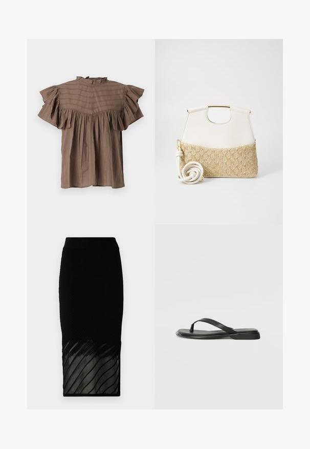 Ruda trumpa rankovė blouse su raukiniais aplink kaklą ir rankoves. Yra vertikalios juostelės, laisvas fitas ir susiraukusios detalės ties liemeniu.; Juoda sijonas su raukšlėta tekstūra, turintis skaidrų apatinį kraštą su horizontaliomis juostelėmis. Dizainas yra prigludęs, siekiantis vidurinį blauzdos ilgį.; Juodos šlepetės, pagamintos iš lygios odos, su plona dirželių konstrukcija ir plokščiu padu, turinčiu minimalų profilį. Be pastebimų raštų ar akcentų.; Balta odinė rankinė su tekstūruotu kreminiu pintu dugnu. Ypatumai: auksinės spalvos rankena ir suktas baltas dirželis, suteikiantis universalumo.