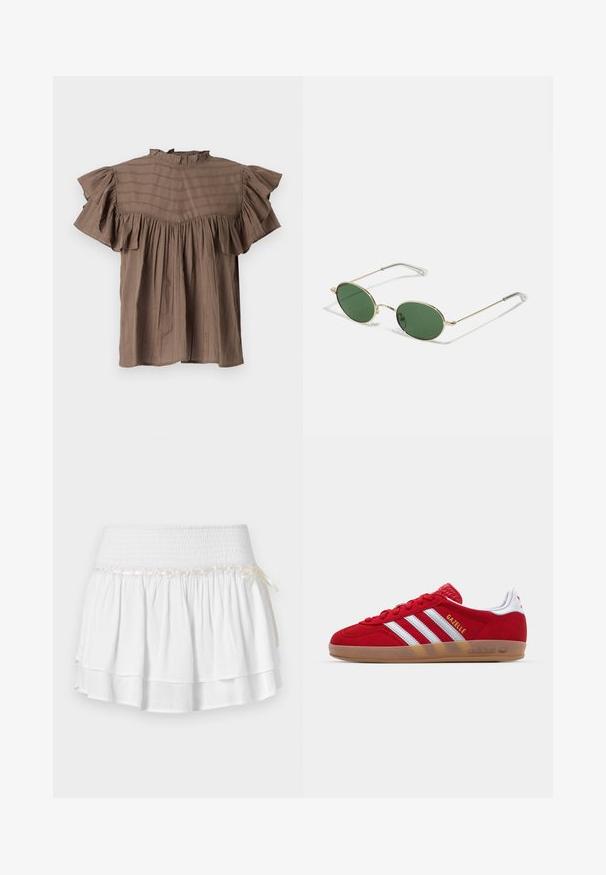 Brūna īsām piedurknēm blūze ar ruffle apkakli un piedurknēm. Iezīmē vertikālas svītras, brīvu piegriezumu un sakrātus akcentus jostasvietā.; Balta daudzslāņu svārku ar elastīgu jostu, ar teksturētu smokošanas detaļu un dekoratīvu lentu. Kokvilnas audums.; Sarkans zamšs kedas ar baltu triju strīpu dizainu un zelta "Gazelle" tekstu. Iekļauj gumijas zoli un teksturētu papēdi.; Zelta rāmis saulesbrilles ar zaļām ovālām lēcām un plānām metāla kājām. Rāmī ir iebūvēti caurspīdīgi plastmasas uzgaļi uz kājām, lai nodrošinātu komfortu.; Sarkans ādas plecu soma ar gludu tekstūru, izliekta dizaina un dekoratīvu sprādzi. Regulējams siksna un rāvējslēdzēja aizdare.
