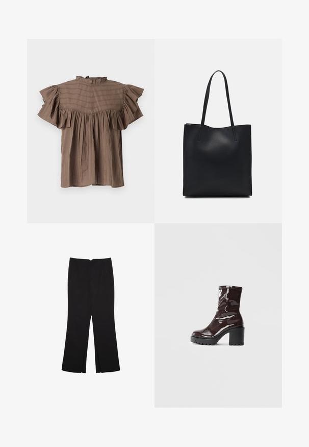 Braune kurzärmlige Bluse mit einem Rüschenausschnitt und Rüschenärmeln. Sie verfügt über vertikale Streifen, eine lockere Passform und gesammelte Details an der Taille.; Schwarze Hose mit geradem Schnitt, ausgestattet mit Fronttaschen und Seitenschlitzen am Saum. Hergestellt aus weichem, glattem Stoff. Geeignet für verschiedene Anlässe.; Glatte bordeauxrote Ankle Boots mit einem klobigen schwarzen Absatz, die eine glatte Oberfläche und ein einfaches Design aufweisen. Keine sichtbaren Verschlüsse oder Muster.; Schwarze Laptoptasche aus Leder mit glatter Textur, rechteckiger Form und zwei langen Griffen. Keine sichtbaren Beschläge oder Verzierungen.