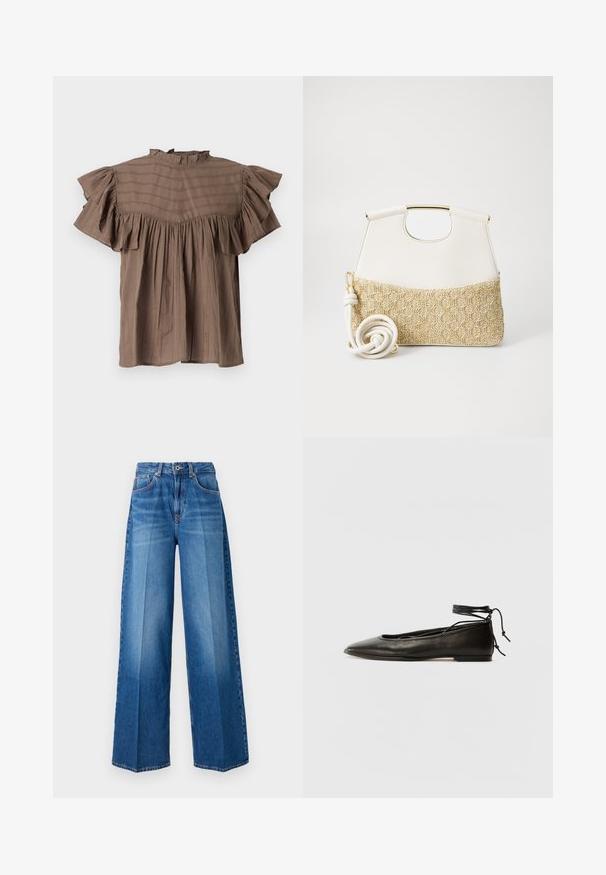 Prune lühikeste varrukatega pluus volangkrae ja varrukatega. Omab vertikaalseid triibu, laia lõiget ja kogutud detaile taljes.; Laiad joped, millel on keskmise sinise pesu värv, klassikaline viie tasku disain, vööloop ja lukuga sulgemine.; Must mustast balletijalatsid, millel on terav nina, pahkluu seotud ja lame tall, sujuva tekstuuri ning minimalistlik disain.; Valge nahast käekott, mille alumine osa on tekstureeritud kreemjas kudumiga. Kott on varustatud kuldse käepidemega ja keerdus valge rihmaga, mis lisab mitmekesisust.