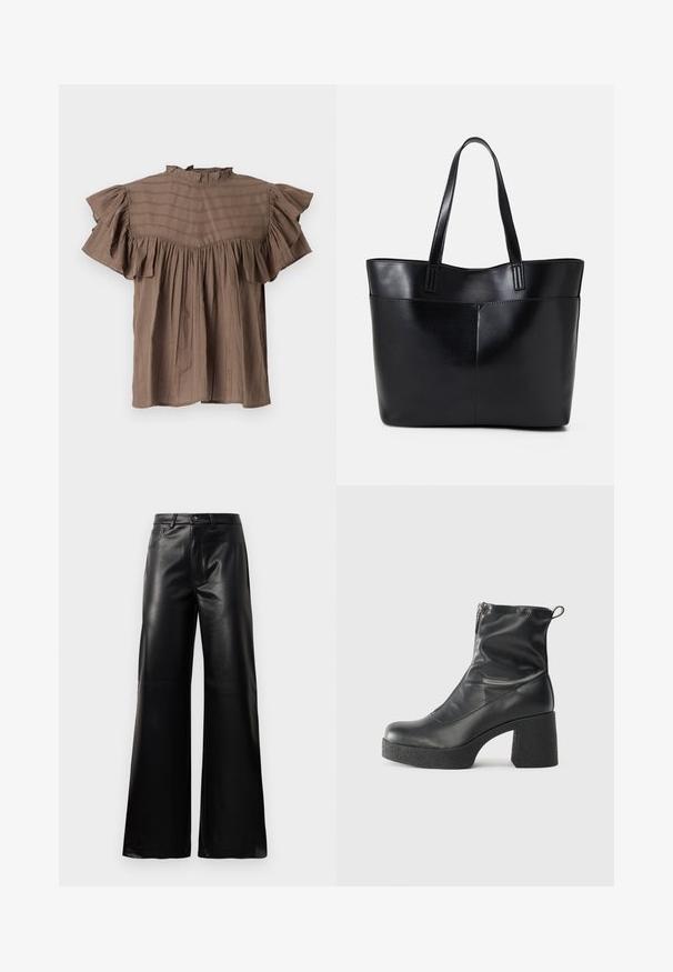 Blusa castanha de mangas curtas com decote e mangas em babados. Apresenta riscas verticais, um corte solto e detalhes franzidos na cintura.; Calças largas de imitação de couro pretas, de cintura alta, com botão frontal, fecho de correr, passadores de cinto e bolsos laterais sobre fundo branco.; Botas de tornozelo pretas feitas de couro liso, com fecho lateral, salto grosso texturizado e design de bico arredondado.; Bolsa tote preta em couro com duas alças longas, textura suave e forma estruturada. Apresenta um bolso frontal para armazenamento adicional.