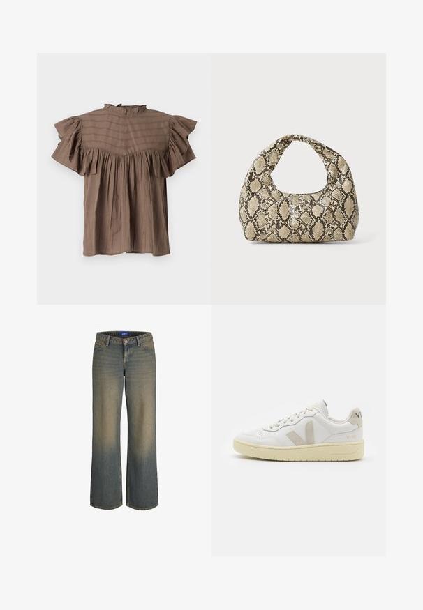 Brun kortärmad blus med volangdetaljer vid halsringningen och ärmarna. Har vertikala ränder, en lös passform och rynkade detaljer vid midjan.; Breda blå denimjeans med ett ljust till mörkt gradient, femficksdesign och knäppning med knapp. Sytt detaljarbete på kanterna.; Vita lädersneakers med beige mockadetaljer, perforerad tåbox, platta snören och en texturerad krämfärgad sula. Har diskret varumärkning på hälen.; Väskan i ormtryck har ett böjt handtag. Den är tillverkad av strukturerade, beige och bruna material och har ett distinkt diamantsmönster.