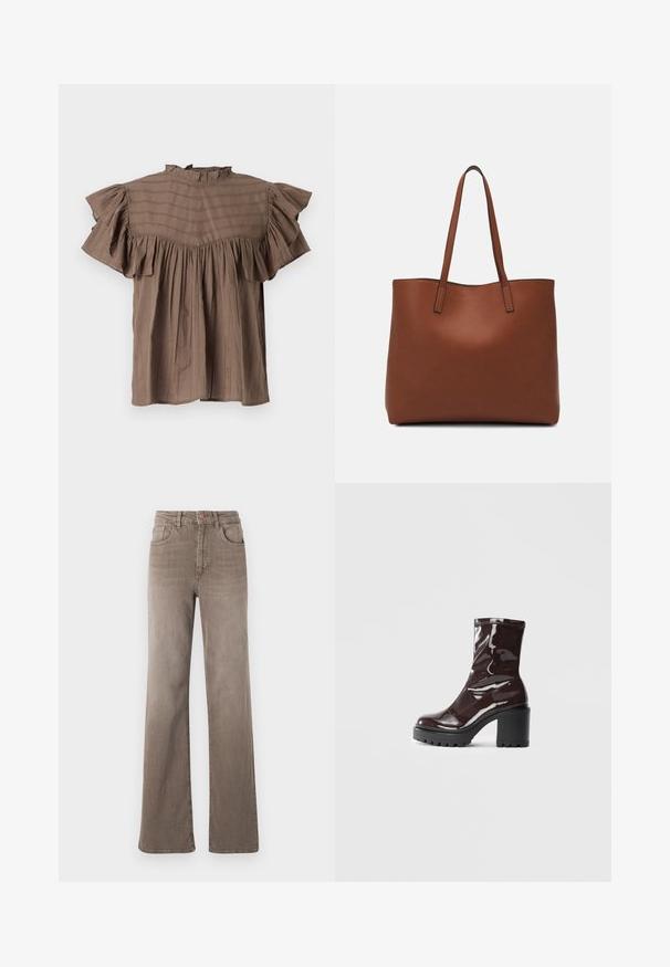 Ruda trumpa rankovė blouse su raukiniais aplink kaklą ir rankoves. Yra vertikalios juostelės, laisvas fitas ir susiraukusios detalės ties liemeniu.; Rudos aukšto liemens tiesios kojos džinsai su priekyje esančiu mygtuku, dirželio kilpomis ir klasikiniu penkių kišenių dizainu baltoje fone.; Blizgus burgundių spalvos kulknapis su tankiu juodu kulnu, pasižymintis lygiu paviršiumi ir paprastu dizainu. Nėra matomų užsegimų ar raštų.; Ruda odinė priekabų krepšys su glotnia tekstūra, atviru viršumi ir dviem petnešomis. Su minimalia siuvimo detalėmis ir nematoma aparatūra.