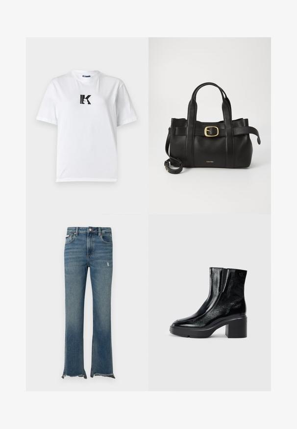 Karl Lagerfeld Jeans K LOGO - Basic póló - white; Kék farmernadrág enyhe kopott hatással, ropogós szegéllyel, elülső zsebekkel, övbújtatókkal és gombos záródással.; Fekete lakkbőr bokacsizma ívelt orral, elasztikus oldalpanelek és vastag blokk sarkal. A hátsó részen dombornyomott logó található.; Fekete bőr kézitáska, amely strukturált kialakítással rendelkezik, dupla felső fogantyúval, arany tónusú csattal és a márka dombornyomott logójával az elején.