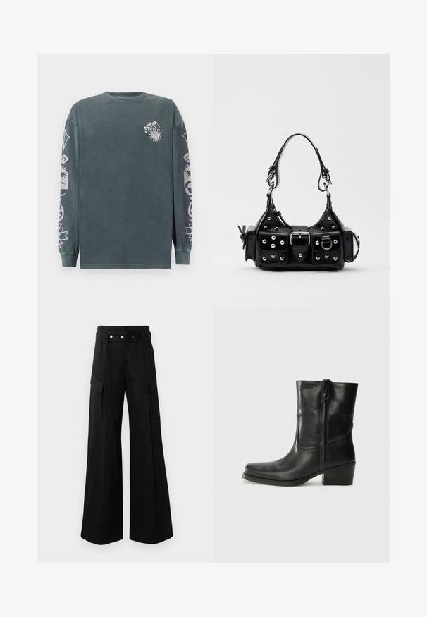 Long-sleeve shirt in dark green cotton, featuring white graphic prints on sleeves and chest. Ribbed crew neckline and cuffs. Standard fit.; Black wide-leg pants with a high waistband, featuring large side pockets, two front buttons, and a loop detail. Made from sturdy fabric.; Black leather ankle boot with a rounded toe, block heel, side zipper, and stitching accents on the vamp. Smooth texture, classic design.; Black leather handbag with a curved design, featuring silver studs, a buckle, and two side pockets. Adjustable strap for carrying options.