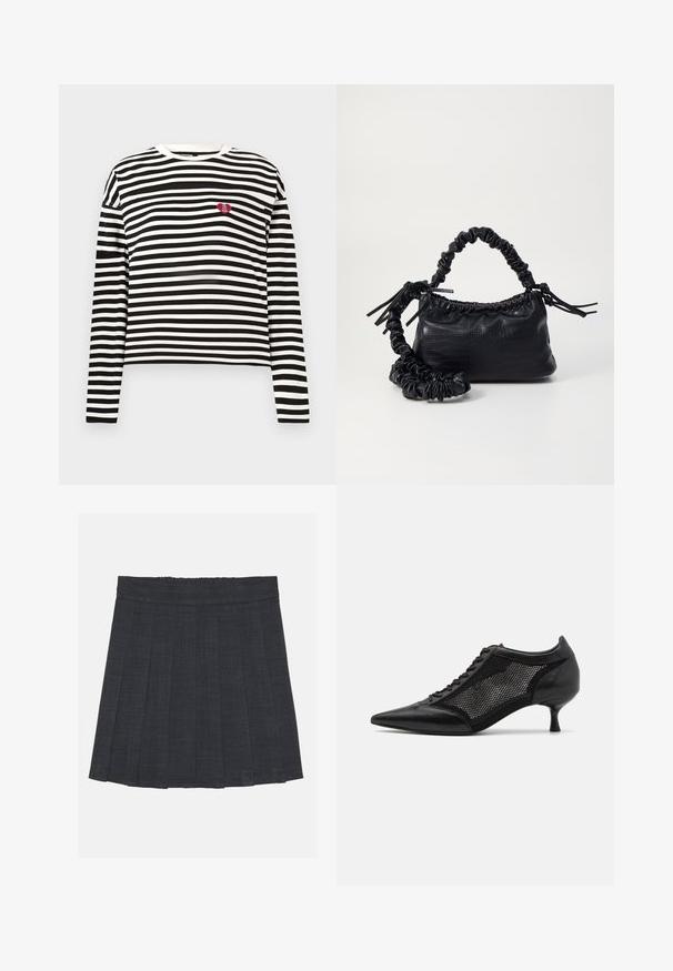 Maglietta a maniche lunghe a righe orizzontali bianco e nero con una piccola toppa a forma di cuore rosso con la scritta "The VIP Club" sul lato sinistro del petto.; Gonna a pieghe grigio scuro con vita elastica, caratterizzata da un tessuto testurizzato e da una classica silhouette a trapezio. Adatta per un abbigliamento casual.; Scarpa nera a punta con un design a pannello di rete, dotata di un tacco basso e lacci frontali. Realizzata in una combinazione di pelle e materiale a rete.; Borsa a tracolla in ecopelle nera con texture a coccodrillo, apertura cinchata e tracolla arricciata. Si presenta con un design morbido e compatto.
