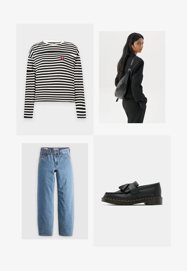 Camisa de manga longa com riscas horizontais pretas e brancas, com um pequeno patch em forma de coração vermelho que diz "The VIP Club" no lado esquerdo do peito.; Jeans de ganga azul claro com um design de perna reta, cinco bolsos, fecho com zip e uma textura ligeiramente desbotada. Estilo clássico com hardware mínimo.; Mocassins de couro pretos com bico arredondado, apresentando um detalhe de franja e uma faixa decorativa na parte da frente, assentes em um salto robusto.; Mulher com cabelo longo e escuro, vestindo um fato preto, carregando uma mala de ombro em pele preta, olhando por cima do ombro contra um fundo branco.