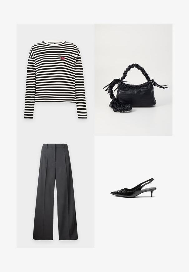 Melnbalts horizontālais svītrains garais piedurknes krekls ar mazu sarkanu sirdi, uz kuras rakstīts "The VIP Club", uz kreisā krūtis.; Platās kājas bikses tumši pelēkā audumā, ar augstu jostasvietu, ar vienu uzpūstu vīli un gludu tekstūru ar tīru apdari ap malām.; Melni ādas sandales ar norādītu pirkstu, mazu kaķa papēdi un dekoratīvu mezglu detaļu priekšā. Gluda tekstūra visā virsmā.; Melnā mākslīgās ādas rokassoma ar krokodila rakstu, savilkta augšdaļa un saburzīta siksna. Izskatās mīksta un kompakta pēc dizaina.