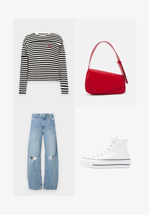 Schwarz-weißer langärmeliger gestreifter Shirt mit einem kleinen roten Herz-Patch, auf dem "The VIP Club" steht, auf der linken Brust.; Helles, hochtailliertes Jeans aus Denim. Hat weit geschnittene Beine, zwei aufgerissene Kniebereiche und klassischen Fünf-Taschen-Stil.; Weiße hochwertige Leinensneaker mit schwarzer Gummisohle, vorderem Gummizehenschutz und sechs Ösen für Schnürsenkel, die ein sauberes, minimalistisches Design aufweisen.; Rote Lederhandtasche mit einem kantigen, geometrischen Design. Verfügt über einen verstellbaren Schulterriemen und einen Klappenverschluss mit genähten Details.