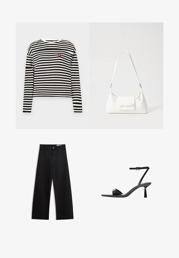 Crna i bijela prugasta majica dugih rukava s malim crvenim srcem koje ima natpis "The VIP Club" na lijevoj strani prsnog koša.; Crne široke traperice s visokim strukom, s prednjim i stražnjim džepovima, šivenim šavovima i kopčanjem na gumb. Glatka tekstura.; Bershka Sandale s visokom petom - black; Bijela sintetička torbica s trokutastim oblikom, ravnim prednjim poklopcem i detaljem u obliku mašne, podesivom remenom, glatkom teksturom i minimalističkim dizajnom.