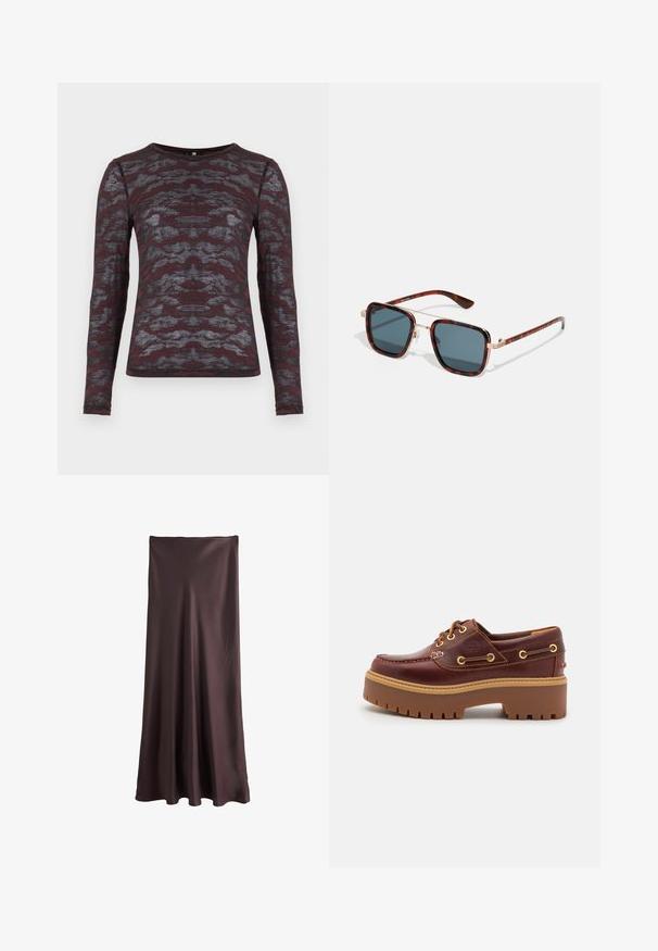 Długi rękaw w kolorze burgundowym z szarym, abstrakcyjnym wzorem; lekki, lekko teksturowany materiał; okrągły dekolt, dopasowany krój.; Brąskowa, długa spódnica wykonana z gładkiego, lekkiego materiału. Charakteryzuje się prostym, swobodnym krojem bez widocznych wzorów czy akcentów.; Brązowe skórzane buty typu boat shoe z grubą brązową gumową podeszwą, złotymi oczkami i kontrastowym szwem. Posiadają logo na boku.; Okulary przeciwsłoneczne w kratkę z ciemnoszarymi soczewkami, w kształcie kwadratu, z złotymi metalowymi akcentami i smukłymi zausznikami z charakterystycznymi paskowanymi detalami.