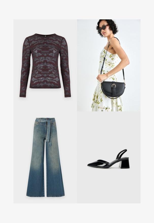 Maglietta a maniche lunghe color bordeaux con motivo astratto grigio; tessuto leggero e leggermente testurizzato; scollatura a girocollo, design aderente.; Pantaloni in denim a gamba larga con una sfumatura che va dal blu chiaro al blu scuro, vita alta, passanti per cintura e una cintura in tessuto coordinato. Finitura in denim strutturato.; Décolleté in vernice nera con punta affusolata e tacco in geometria cubica. Presentano un design elegante e minimalista, con una texture liscia.; Borsa a tracolla nera in pelle con una forma curva, manico rimovibile e accessori dorati. La borsa presenta una patta con un dettaglio a fibbia.