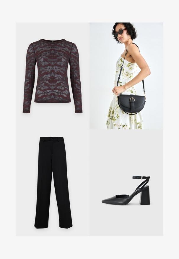 Langärmliges Oberteil in Burgunderrot mit grauem abstraktem Muster; leichtes, leicht strukturiertes Gewebe; Rundhalsausschnitt, enganliegendes Design.; Schwarze, weit geschnittene Hosen aus glattem Stoff, mit einem klassischen Taillenbund und einem Knopfverschluss sowie vorderen Falten.; Schwarze Leder-Pumps mit spitzer Zehe, einem Knöchelriemen und einem blockigen Absatz. Flache Textur, elegantes Design und minimalistische Ästhetik.; Schwarze Lederhandtasche mit geschwungener Form, abnehmbarem Tragegurt und goldenen Beschlägen. Die Tasche verfügt über einen Deckel mit einer Schnallen-Details.