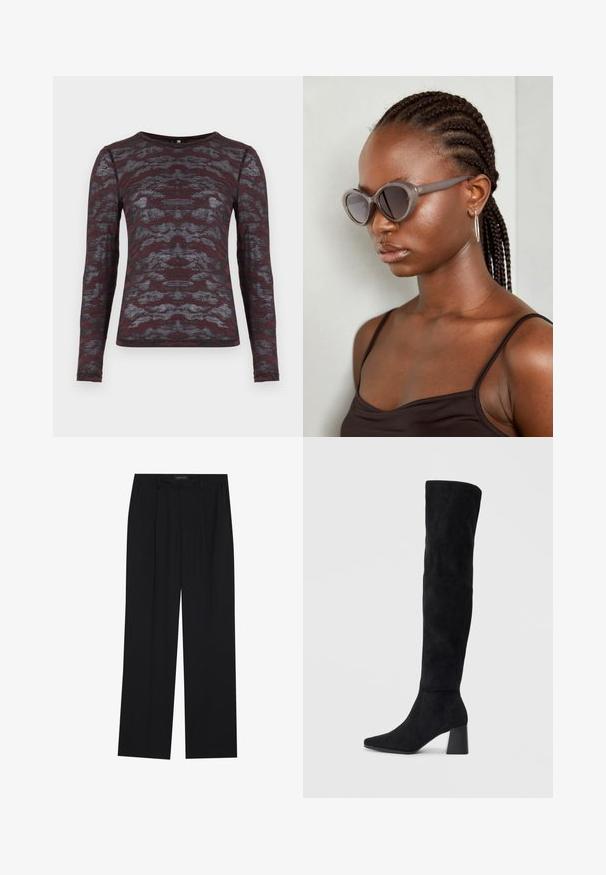 Dugi rukav u bordo boji s sivim apstraktnim uzorkom; lagana, blago teksturirana tkanina; okrugli izrez, uski kroj.; Crne hlače ravnog kroja, s dva prednja džepa i pojasom. Izrađene od glatkog, laganog materijala.; Crne antilop čizme do koljena s blok potpeticom, šiljastim prstom i glatkim, bešavnim dizajnom na običnoj svijetloj pozadini.; Sive velike sunčane naočale s okruglim oblikom i tamnim lećama. Elegantan plastični okvir s glatkom završnom obradom. Model ima pletenu kosu.