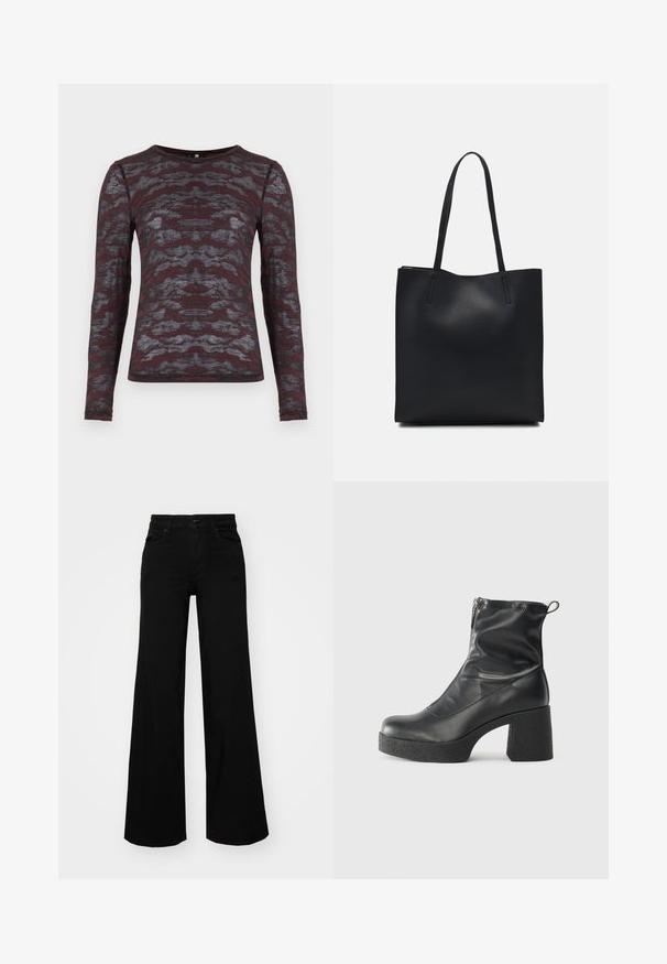 Bordinės spalvos ilgomis rankovėmis palaidinė su pilku abstrakčiu raštu; lengvas, šiek tiek tekstūruotas audinys; apvalus iškirpimas, prigludęs dizainas.; Juodos plačios kelnės iš denimo, turinčios struktūruotą juosmenį, diržo kilpas ir priekines kišenes. Lygus paviršius su klasikinio dizaino elementais.; Juodos kulkšninių botai, pagaminti iš lygaus odos, su šoniniu užtrauktuku, masyviu tekstūruotu kulnu ir apvaliu pirštu.; Juodas odinis tote krepšys su lygia tekstūra, stačiakampio formos ir dviem ilgais rankenomis. Matomų metalinių detalių ar puošybos nėra.