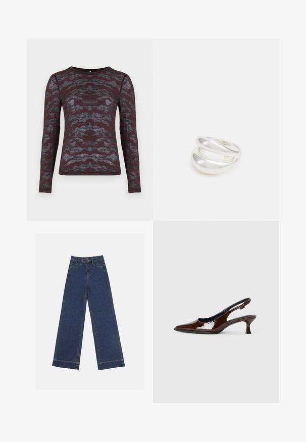 Langsleeve top in bordeaux met een grijs abstract patroon; lichtgewicht, licht gestructureerde stof; ronde halslijn, slim fit ontwerp.; Wide-leg jeans in donkerblauwe denim. Voorzien van vijf zakken, riemlussen en een rauwe zoom onderaan met zichtbare stikseldetails.; Bruine gepatineerde leren slingback-schoen met een spitse neus en een gematigd hakje. Voorzien van een gespsluiting voor een veilige pasvorm. Glad van textuur.; Zilveren dubbele ring met een gladde, gepolijste oppervlakte. Heeft een vloeiende, gebogen vorm met overlappende secties voor een moderne uitstraling.