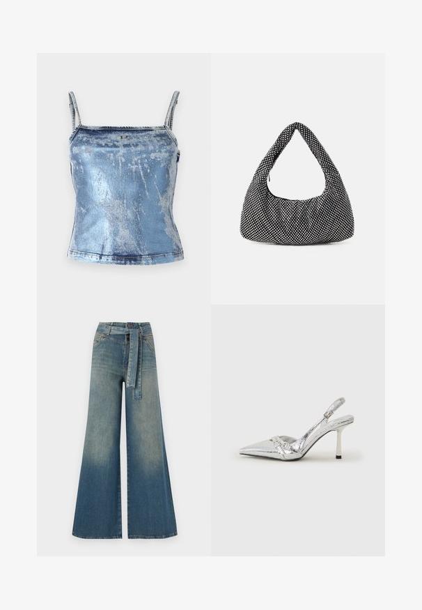 Mėlyna džinsinė ripsinė su plonomis petnešomis, turinti šviesų skalbimą ir subtilų nusidėvėjimo tekstūrą. Apima mažą metalinį logotipo detalių.; Platus džinsinis kelnes su šviesiai tamsiai mėlynu gradientu, aukštu juosmeniu, diržo kilpomis ir atitinkančiu audinio diržu. Textūruotas džinsinis paviršius.; Sidabriniai slingback aukštakulniai batai su smailia pavadinimu, metaliniu paviršiumi, dviem dekoratyvinėmis juostelėmis ir lieknu kulnu su juodu galiuku.; Juoda, kreivę formą turinti hobo tipo rankinė, pagaminta iš tekstūruotos medžiagos, puošta sidabriniais kalnų krištolais. Viena viršutinė rankena, su užtrauktuku užsegama ir minkšta siluetas.