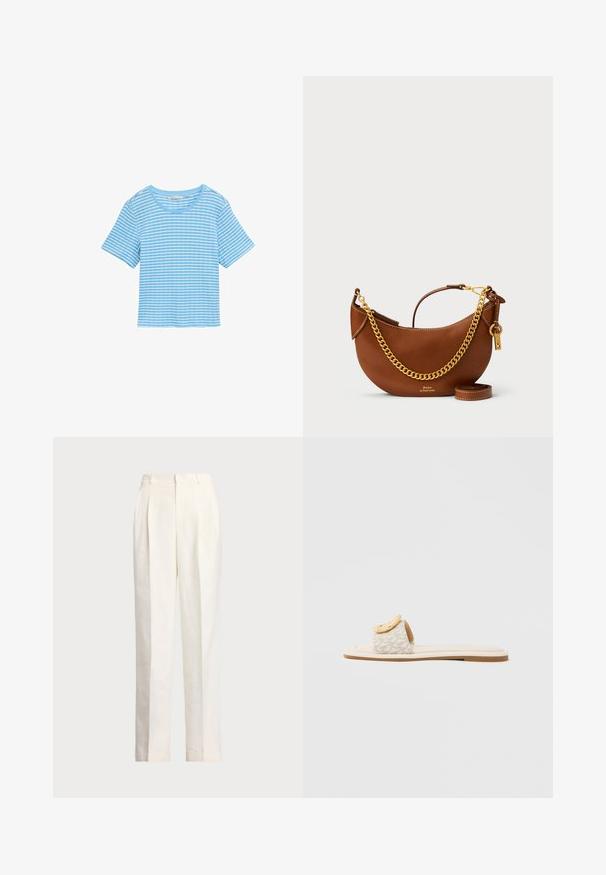 Ljusblå skjorta med horisontella vita ränder, korta ärmar, rund hals och avslappnad passform. Tillverkad av mjukt bomullsmaterial.; Polo Ralph Lauren HEMP WIDE LEG PANT - Tygbyxor - nevis; Slip-in-sandal med beige rem med geometriskt mönster, en rundad gul detalj på ovansidan och en platt, ljus sula.; Brun läderhandväska med en böjd design, guldkedjesnor, innerväska och ett avtagbart axelband. Har kontrasterande sömmar.