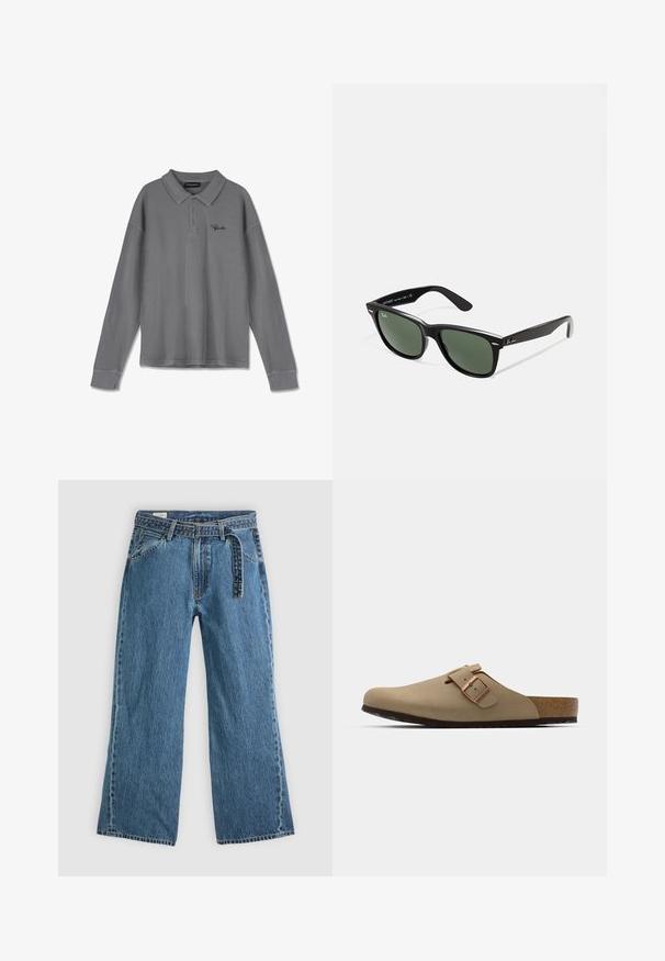 Csíkos szürke anyagú, hosszú ujjú polo felső. Gallérral, három gombos nyitással és diszkrét fekete márkázással rendelkezik a mellkason.; Kék farmer széles szárú nadrág, hozzáépített övvel, elülső zsebekkel és látható varrással, sima világos háttéren.; Beige szandálok lekerekített orral, állítható csattal és parafa talppal. Texturált felület fekete gumitalppal a tapadásért.; Fekete műanyag napszemüveg zöld lencsékkel, négyzet alakú kerettel, ezüst díszítéssel a keret felső részén, valamint texturált szárakkal. A márka neve a belső száron található.