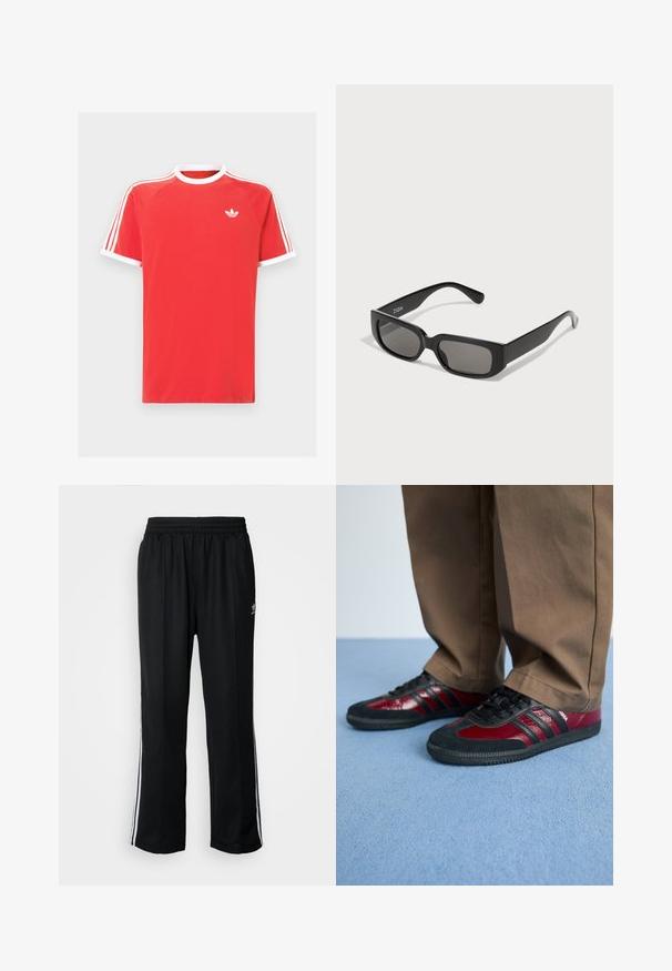 Rdeča bombažna majica s kratkimi rokavi z belim ovratnikom in belimi obrobami na rokavih. Ima bel trojni trak na ramenih in majhen bel logotip na prsih.; Črne atletske hlače z elastičnim pasom, ki imajo bele stranske črte in majhen logo. Material izgleda mehak in lahek.; Črne in burgundske športne čevlje iz usnja in semiša, z črnimi vezalkami in tremi črnimi črtami na strani. Guma podplat.; Črne pravokotne sončne očala z sivo obarvanimi lečami, izdelana iz gladke plastike. Imajo minimalističen dizajn z ravnimi ročaji in subtilnim znamčenjem.
