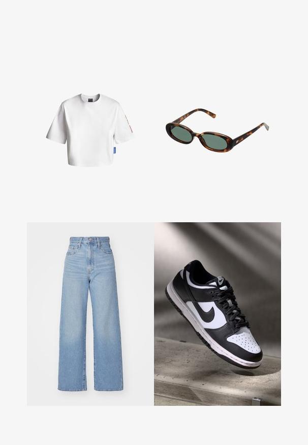 Witte cropped T-shirt van katoen, met korte mouwen, een ronde hals en een blauw label aan de zijkant. Tekst op de mouw in het rood.; Lichtblauwe high-waist wijde jeans met een knoop- en ritssluiting aan de voorkant, voor- en achterzakken, op een witte achtergrond.; Zwart-witte Nike Dunk Low sneaker met een leren bovenwerk, geperforeerde neus, en zwarte veters, met een witte zool en logo-accenten.; schildpadbril met ovale monturen en groene lenzen. Heeft dunne spijlen met een metalen accent nabij de scharnieren.