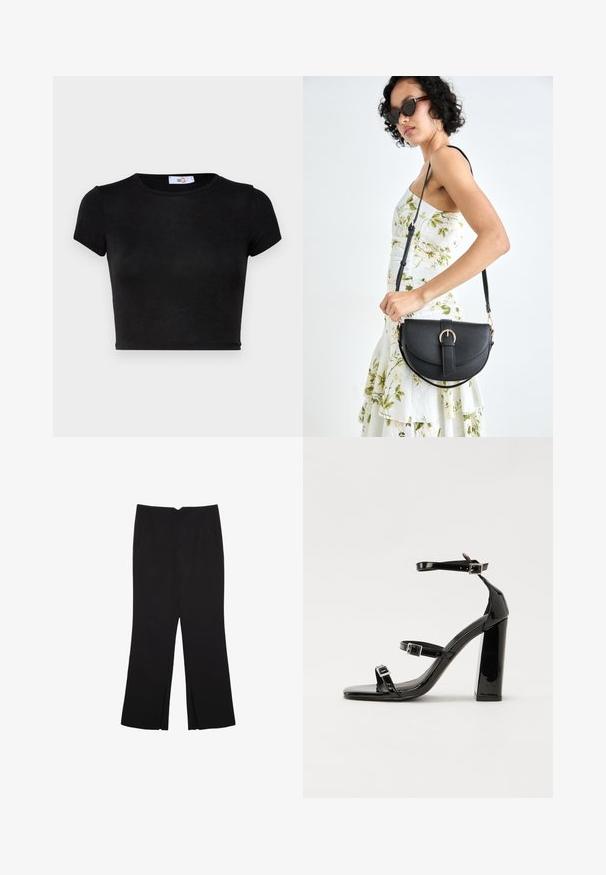 Crna, majica s kratkim rukavima, skraćena. Izrađena od glatkog materijala s okruglim izrezom i minimalnim dizajnom. Mekana tekstura bez uzoraka ili naglasaka.; Crne hlače ravnog kroja, s prednjim džepovima i bočnim prorezima na rubu. Izrađene od mekog i glatkog materijala. Pogodne za razne prigode.; Crne lakirane sandale na pete sa kvadratnim nosom, trakama oko gležnja i srebrnim kopčama. Imaju čvrst blok petu za stabilnost.; Crna kožna torba s lukovitim oblikom, odvojivim remenom i zlatnim detaljima. Torba ima preklop s kopčom.