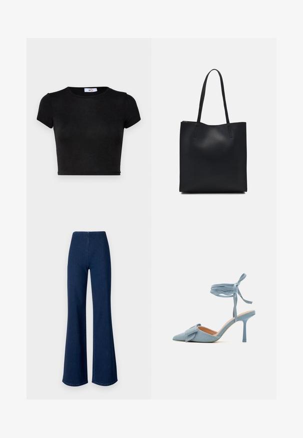 Black, short-sleeve, cropped t-shirt. Made of smooth fabric with a round neckline and minimal design. Soft texture with no patterns or accents.; Dark blue flared jeans made of denim with an elastic waistband. Features a smooth texture and wide leg design extending to the hem.; Pointed-toe high heel shoe in light blue fabric with a textured finish, featuring a bow accent and ankle strap for secure fit.; Black leather tote bag with smooth texture, rectangular shape, and two long handles. No visible hardware or embellishments.