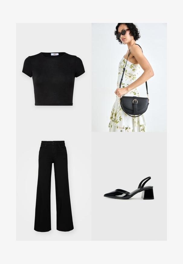 Juodas, trumpomis rankovėmis, sutrumpintas marškinėliai. Pagaminti iš lygaus audinio su apykakle ir minimalistišku dizainu. Minkšta tekstūra be raštų ar akcentų.; Juodos plačios kelnės iš denimo, turinčios struktūruotą juosmenį, diržo kilpas ir priekines kišenes. Lygus paviršius su klasikinio dizaino elementais.; Juodos lakuotos odinės šlepetės su smailiu pirštu ir geometriniu bloko kulnu. Turi elegantišką, minimalistinį dizainą ir lygų paviršių.; Juodas odinis krepšys su išlenkta forma, nuimamu dirželiu ir auksiniais detalėmis. Krepšys turi kilpą su sagtimi.