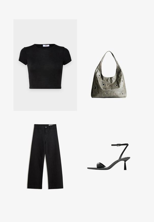 Tricou scurt, negru, cu mânecă scurtă și croială scurtă. Fabricat dintr-un material neted, cu decolteu rotund și un design minimalist. Textură moale, fără modele sau accente.; Pantaloni din denim negri cu picioare largi, cu talie înaltă, având buzunare frontale și posterioare, cusături dublate și închidere cu nasture. Textură netedă.; Bershka Sandale cu toc - black; Geantă din piele de culoare verde măslin, cu un design relaxat, având decupaje circulare de diverse dimensiuni și accente în nuanțe mai închise și mai clare.