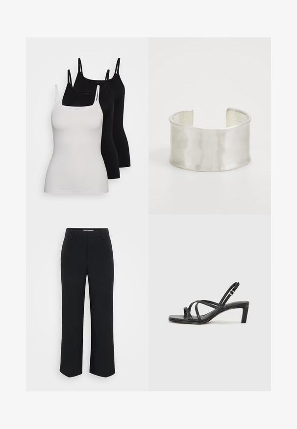 Tri majice na bretele: ena bela in dve črni. Narejene iz mehke tkanine, imajo tanke naramnice in prilegajoč dizajn z gladko teksturo.; Črne široke hlače z gladko teksturo, z ravnim pasom in stranskimi žepi, zasnovane v minimalističnem slogu.; Črne natikače s trakovi in kvadratnim prstom ter nizkim blokastim peto. Imajo več tankih trakov in nastavljiv trak okoli gležnja. Narejene so iz gladkega usnja.; Zign Zapestnica - silver-coloured