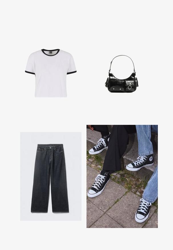 White short-sleeve t-shirt with a black ribbed collar and sleeve cuffs. Made from a smooth cotton material, it features a classic fit.; Dark denim wide-leg jeans with a high waist, featuring copper-tone rivets and contrast stitching, smooth texture, and no visible patterns.; Black high-top canvas sneakers with white rubber soles and laces, featuring a circular logo on the side and paired with denim and black pants.; Black patent leather handbag with a curved shape, one shoulder strap, front pockets, and silver-tone hardware accents.
