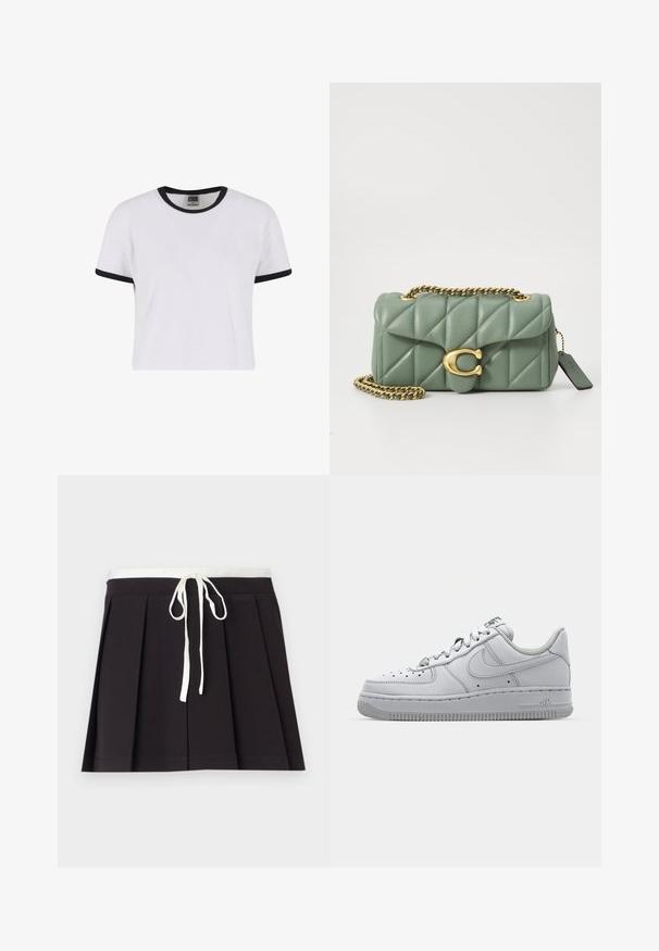 Valge lühikeste varrukatega T-särk musta ribaga krae ja varrukate mansettidega. Valmistatud siledast puuvillalisest materjalist, omab klassikalist sobivust.; Mustmustriiniga must pleeditud seelik valge kudumisega nöörvööga. Valmistatud pehmest kangast, millel on sile tekstuur ja lihtne, klassikaline disain.; Valge nahast tennis koos madala disainiga, ümmargune varvas, perforatsioonidega detailid ja tekstureeritud kummitald. Tunnusjoonena hallid aktsendid keelel.; COACH TABBY SHOULDER BAG 20 WITH PILLOW QUILTING - Ülerinna-kott - sage