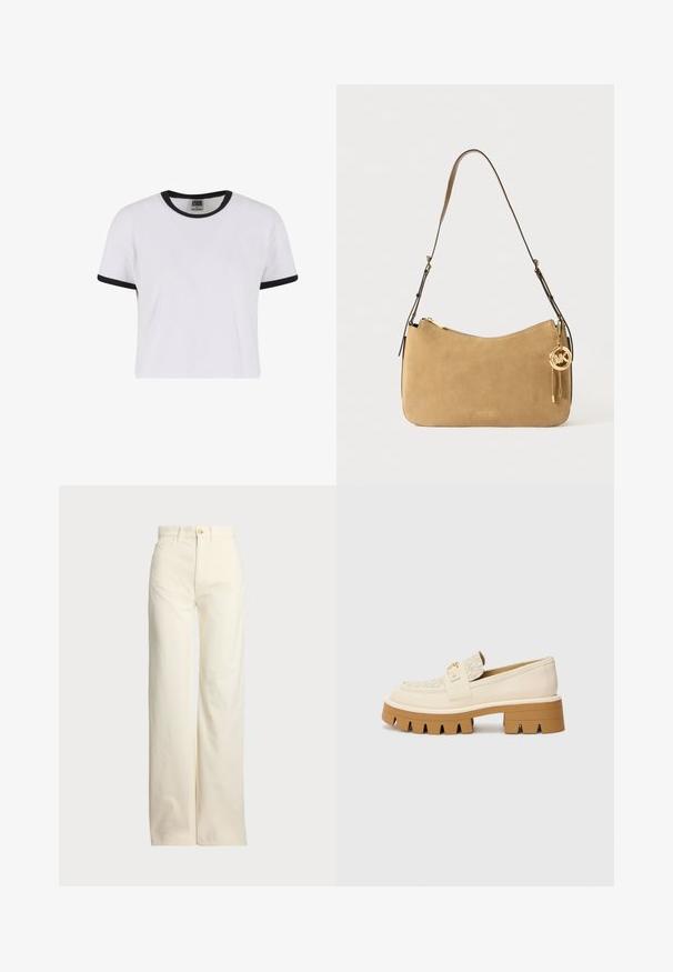 Bílý tričko s krátkým rukávem a černým žebrovaným límcem a manžetami. Vyrobeno z hladké bavlny, má klasický střih.; Polo Ralph Lauren COTTON CORDUROY WIDE-LEG PANT - Kalhoty - warm white; Béžové mokasíny s texturovaným smetanovým páskem, které mají robustní hnědou podrážku s vzory připomínajícími zuby. Zlatý detail na sponě.; Kabelka na rameno z hladké semišové kůže v tělové barvě, s zakřiveným tvarem, zlatými kovovými detaily a zipovým uzávěrem. Obsahuje připevněný přívěsek s iniciály "MK."