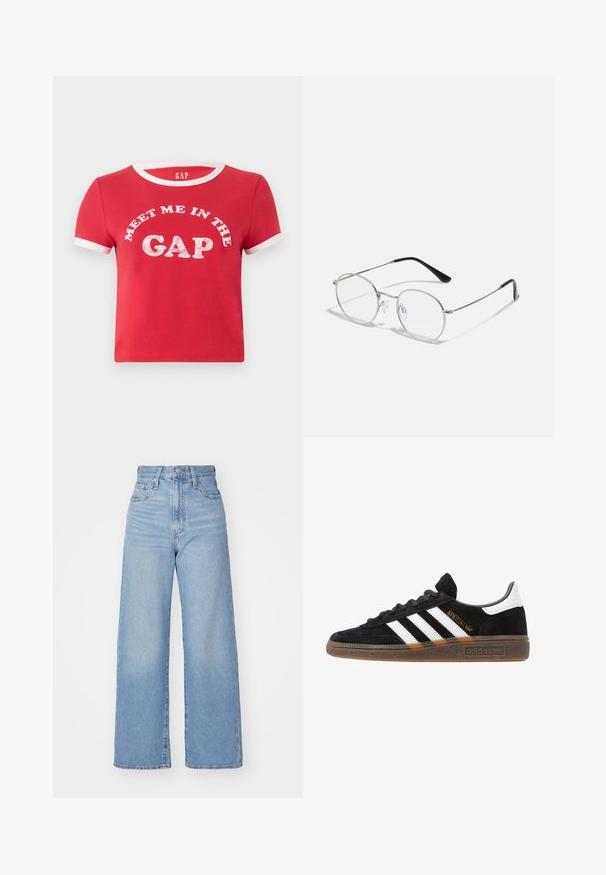 Punainen puuvillapaita lyhyillä hihoilla, valkoinen ribbireunus kauluksessa ja hihasuissa. Sisältää graafisen tekstin "MEET ME IN THE GAP" valkoisella.; Vaalean siniset korkeavyötäröiset löysät farkut, joissa on etuvetoketju ja nappikiinnitys, sekä edessä että takana taskut, valkoista taustaa vasten.; Mustat Adidas-nikeset, joissa on valkoiset raidat, kultaiset "Spezial"-tekstiset, kumipohja ja valkoinen kantapää, esitetty sivuprofiilissa.; Pyöreät metalliset silmälasit, joissa on kapea hopeanvärinen kehys, kirkkaat linssit ja mustat varret, joissa on kumiset päät mukavuutta varten. Minimalistinen muotoilu.
