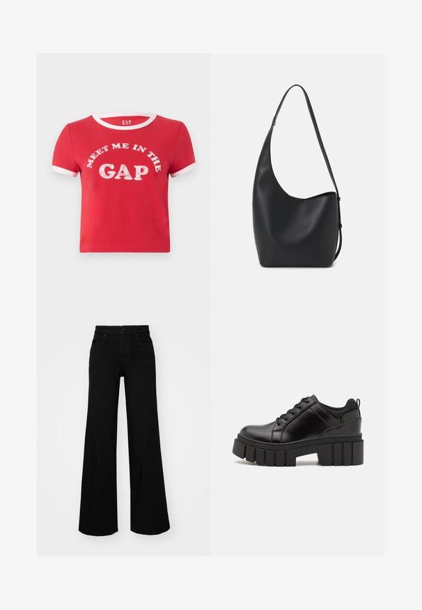 Rød bomulds t-shirt med korte ærmer, hvid ribbet krave og ærmeaccenter. Har grafisk tekst "MØD MIG I GAP" i hvid.; Sorte bukser med bred benvidde lavet af denim, med en struktureret talje, bæltesløjfer og forlommer. Glat tekstur med et klassisk design.; Sorte læder platform sko med en klodset blokhæl, rund tå og traditionelt snøredesign. Har en glat tekstur og minimal detaljering.; Sort læder hobo taske med en glat overflade, buet form og en enkelt justerbar rem; har en bred åbning øverst.