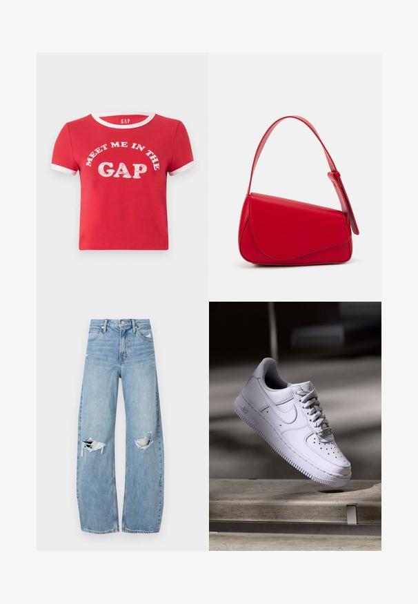 Red cotton t-shirt with short sleeves, white ribbed collar, and sleeve accents. Features graphic text "MEET ME IN THE GAP" in white.; Light blue, high-waisted jeans made of denim. Feature wide legs, two torn knee areas, and classic five-pocket styling.; White Nike Air Force 1 sneaker levitating above a concrete surface with shadows in a minimalist setting.; Red leather handbag with an angular, geometric design. Features a single adjustable strap and a flap closure with stitched detailing.