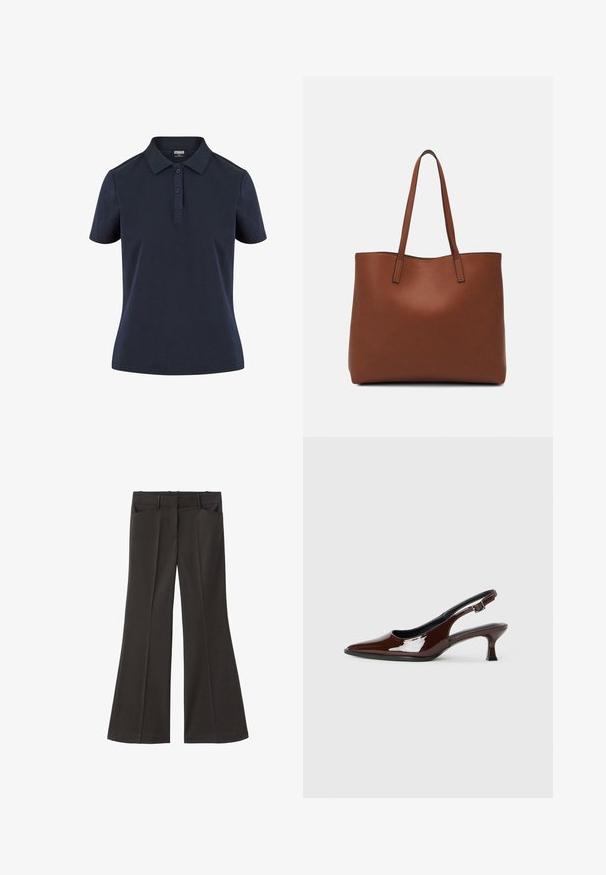 Námorníckomodrá polo košeľa vyrobená z mäkkej tkaniny, s klasickým golierom, trojbodovým zapínaním a krátkymi rukávmi s voľným strihom.; Čierne rozšírené nohavice s vysokým pásom; majú dve bočné vrecká a hladkú textúru látky. Vhodné na rôzne príležitosti.; Hnedá lakovaná slingback obuv s špicatou špičkou a mierne vysokým opätkom. Obsahuje pracku pre bezpečné upevnenie. Hladká textúra.; Hnedá kožená taška na rameno s hladkou textúrou, otvoreným vrchom a dvoma ramenými popruhmi. Má minimálne šitia a žiadne viditeľné kovania.