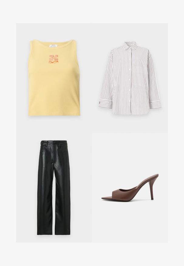 Gelbes, geripptes Tanktop mit einem kleinen, gestickten Blumenlogo in Orange in der Mitte. Schlichtes, ärmelloses Design mit rundem Halsausschnitt.; Gestreiftes Hemd aus leichtem Stoff, mit vertikalen braunen und weißen Streifen, Kragen und einer Vorderbrusttasche. Lange Ärmel mit Knopfmanschetten.; Schwarze Lederhose mit geradem Schnitt, ausgestattet mit Knopfverschluss, Gürtelschlaufen und zwei Vorderentaschen. Glatte Textur mit leichtem Glanz.; Braune Leder-Open-Toe-Hochhackige Mules mit einem eleganten Design, das einen breiten Vorderriemen und einen schlanken Stiletto-Absatz aufweist.