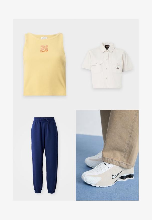 Geel geribde tanktop met een klein, geborduurd bloemenlogo in oranje in het midden. Eenvoudig, mouwloos ontwerp met een ronde halslijn.; Korte mouwen, cropped wit shirt van katoen met twee borstzakken, knoopsluiting aan de voorkant en een logo patch op de linker zak.; Marineblauwe joggingbroek van zachte stof, met een elastische tailleband met trekkoord, elastische boorden en een klein wit logo.; Witte en beige Nike sneakers met geperforeerd ontwerp, zwart swoosh-logo, textuur bovenkant en een kenmerkende veerkrachtige zwarte hak.