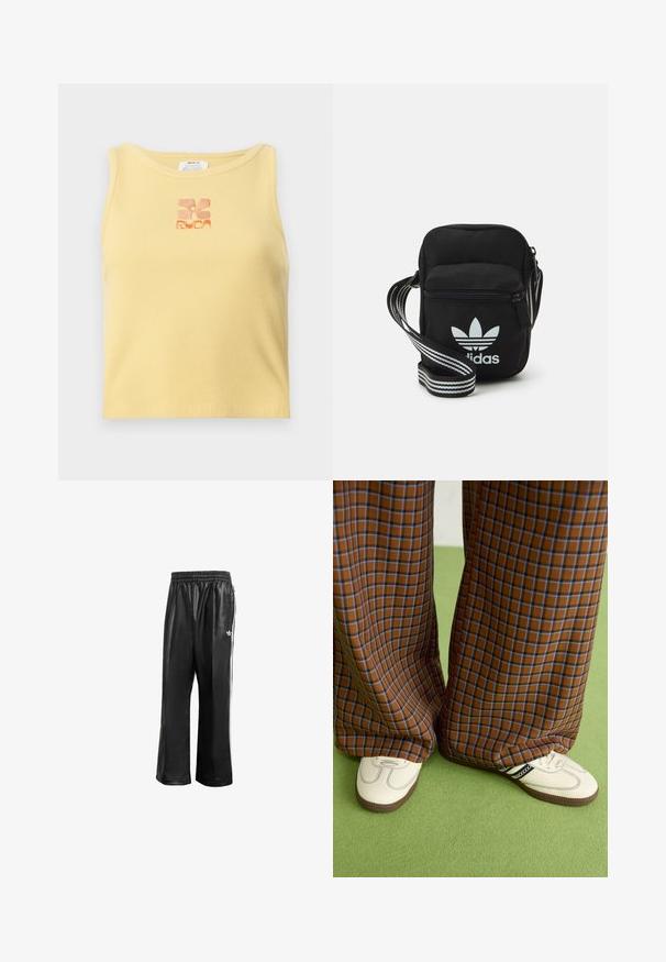 Žltý rebrovaný tielko s malým vyšitým kvetinovým logom v oranžovej farbe uprostred. Jednoduchý, bezrukávový dizajn s okrúhlym výstrihom.; Čierne syntetické teplákové nohavice s elastickým pásom, s bielymi bočnými pruhmi a malým bielym logom na ľavom boku.; Hnedé a modré kárované nohavice s širokými nohavicami skombinované s bielymi topánkami s čiernymi akcentmi a textúrovanými podrážkami, umiestnené na zelenom pozadí.; Čierna textilná crossbody taška so zipsovým uzáverom, ktorá má biele logo Adidas a pruhovaný nastaviteľný popruh pre jednoduché nosenie.