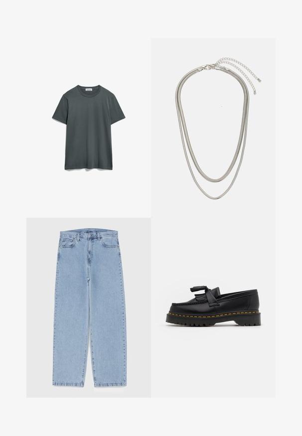 Donkergrijze katoenen t-shirt met een ronde hals, korte mouwen en een comfortabele pasvorm. Geen zichtbare patronen of grafische elementen. Eenvoudig ontwerp.; Lichtblauwe denim jeans met een recht model, voorzien van een middelhoge taille, vijf zakken en een knoop- en ritssluiting.; Zwarte leren loafers met een franjesaccent, voorzien van een dikke zwarte zool en gele stiksels langs de rand. Gevoelige afwerking.; Driedelige zilveren metalen halsketting met slanke, flexibele kettingen met een lichte glans, beveiligd met een karabijnhaak en een verstelbare ketting.
