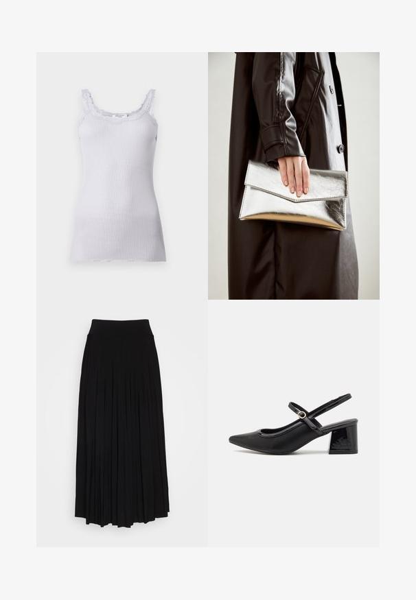 Lila rebrana majica s čipkastim obodom oko izreza i naramenica, s pripijenim krojem i mekom teksturom. Nema vidljivih logotipa.; Črna plisirana krila z visokim, raztegljivim pasom. Narejeno iz mehke tkanine, z navpičnimi plisami za lahkotno silhueto.; Črne patentne usnjene salonarce s slingback obliko, s koničastim nosom, zaobljenim izrezom in blok peto. Imajo zlato kovinsko zaponko kot dodatno okrasje.; Srebrna kovinska torbica s angularnim kuvertastim dizajnom, gladko teksturo in kontrastno notranjo barvo, ki jo drži roka v črnem plašču.