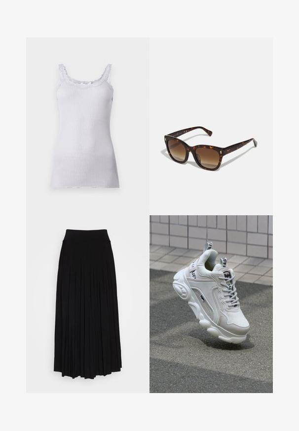 Fialová rebrovaná tielko s čipkovým lemovaním okolo výstrihu a ramienok, s priliehavým strihom a jemnou textúrou. Bez viditeľných log.; Čierna plisovaná sukňa s vysokým, elastickým pásom. Vyrobená z mäkkej látky, pričom má vertikálne plisovanie pre plynulý siluetu.; Biele tenisky s materiálmi z textilu a kože, okrúhla špička, hrubá podrážka, výrazné šnúrky a značka na päte a jazyku.; Slnečné okuliare v tvare štvorca z korytnačinového vzoru so zlatohnedými gradientnými sklami, s zlatými akcentmi na ramenách a hrubým, lesklým rámom.